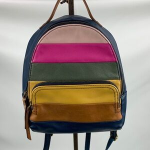 Fossil Multicolored Backpack Bag Navy Blue Gold Brown Pink Adjustable Zip Close